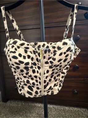 Guess Leopard Print Bustier Crop Top with Front Zip
